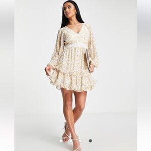 Ever New Petite contrast lace open back mini dress in yellow floral